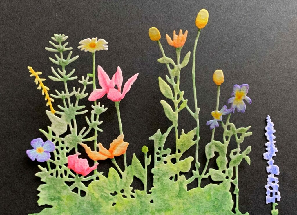 Finished watercolor of the flower field die cut 