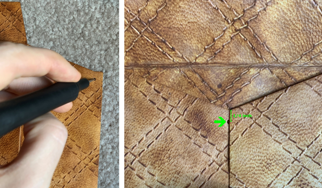 Making the brad hole in the quilted leather envelope
