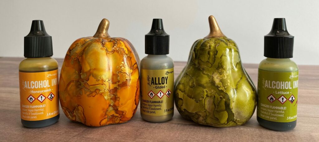 Yellow and Green Gilded Alcohol Ink Pumpkins