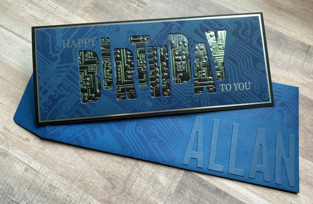 Circuit birthday slimline card with personalized matching envelope