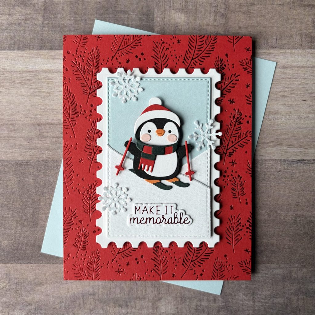 Spellbinders July Clubs - Skiing Penguin Postage Card
